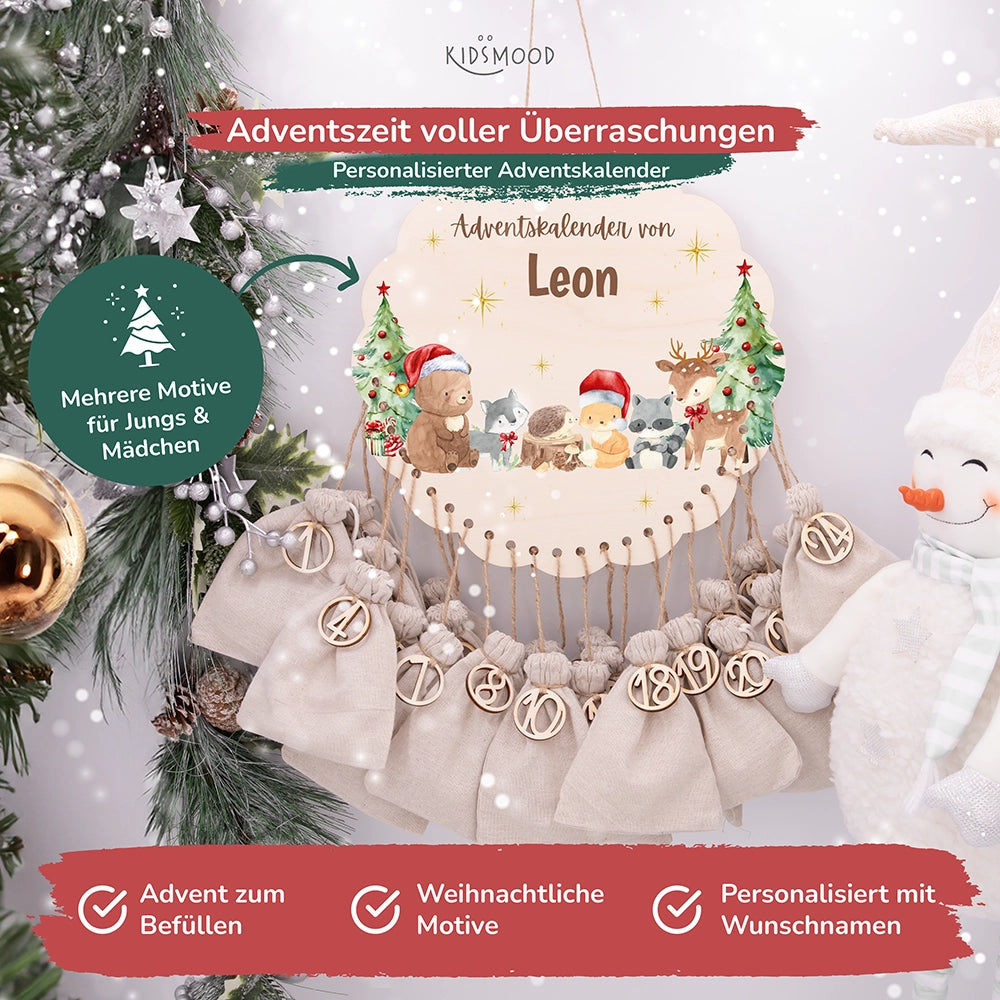 Personalisierter runder Adventskalender Kinder aus Holz - Weihnachtsfreude