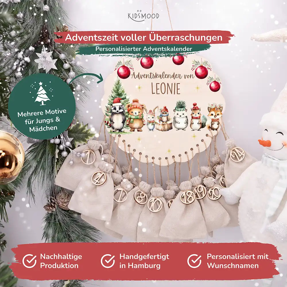Personalisierter runder Adventskalender Kinder aus Holz - Kuschelige Winterfreunde