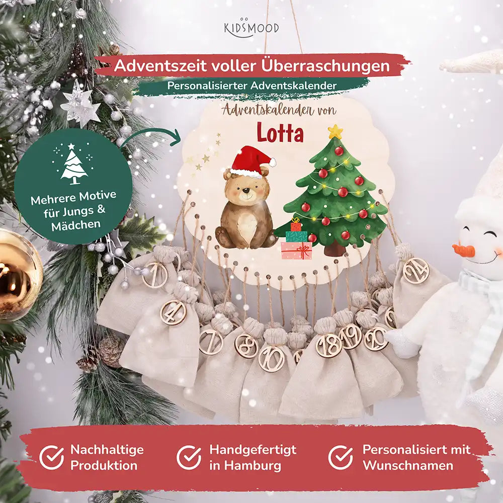 Personalisierter runder Adventskalender Kinder aus Holz - Weihnachtsbär