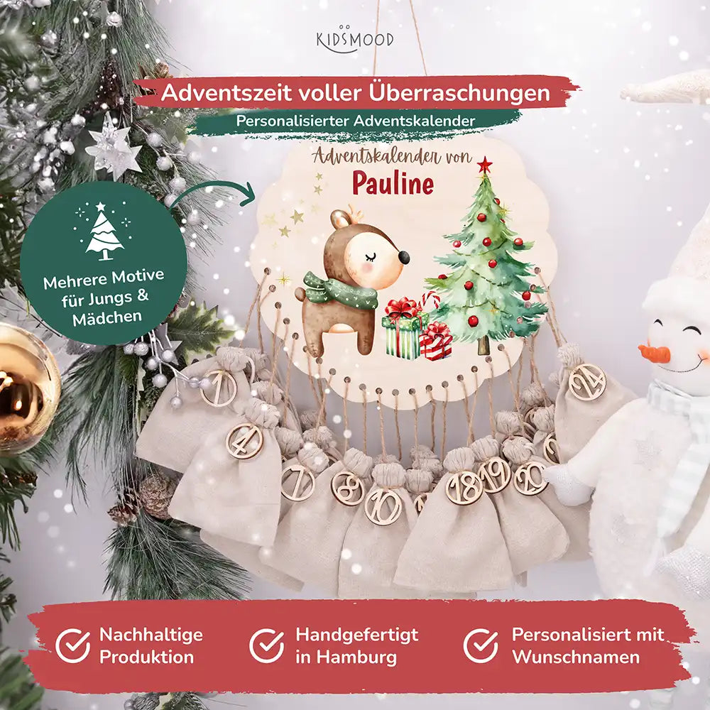 Personalisierter runder Adventskalender Kinder aus Holz - Baby Reh