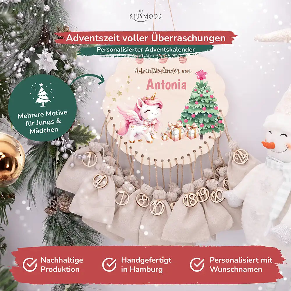 Personalisierter runder Adventskalender Kinder aus Holz - Baby Einhorn