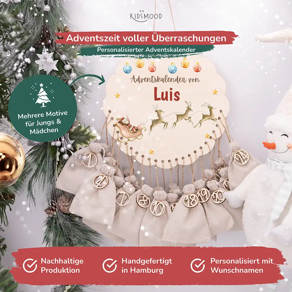 Personalisierter runder Adventskalender Kinder aus Holz - Rentiere