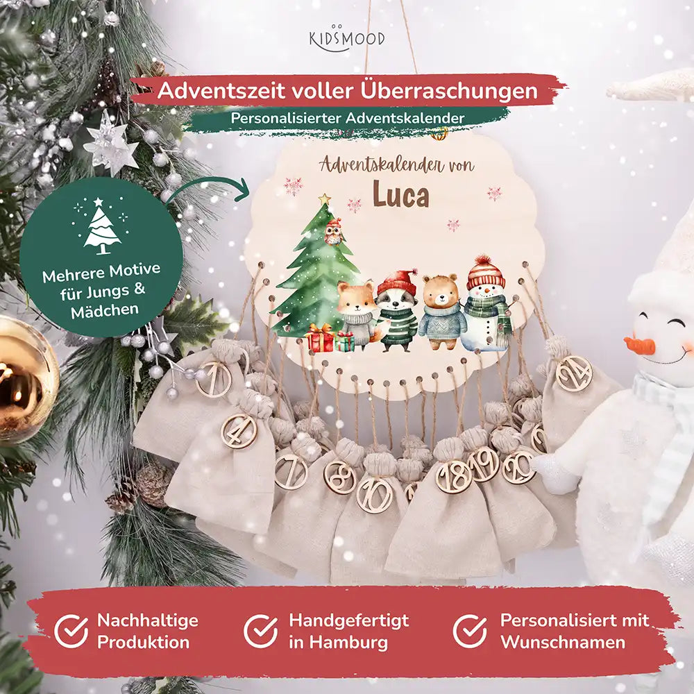 Personalisierter runder Adventskalender Kinder aus Holz - Tierische Weihnachtsbande