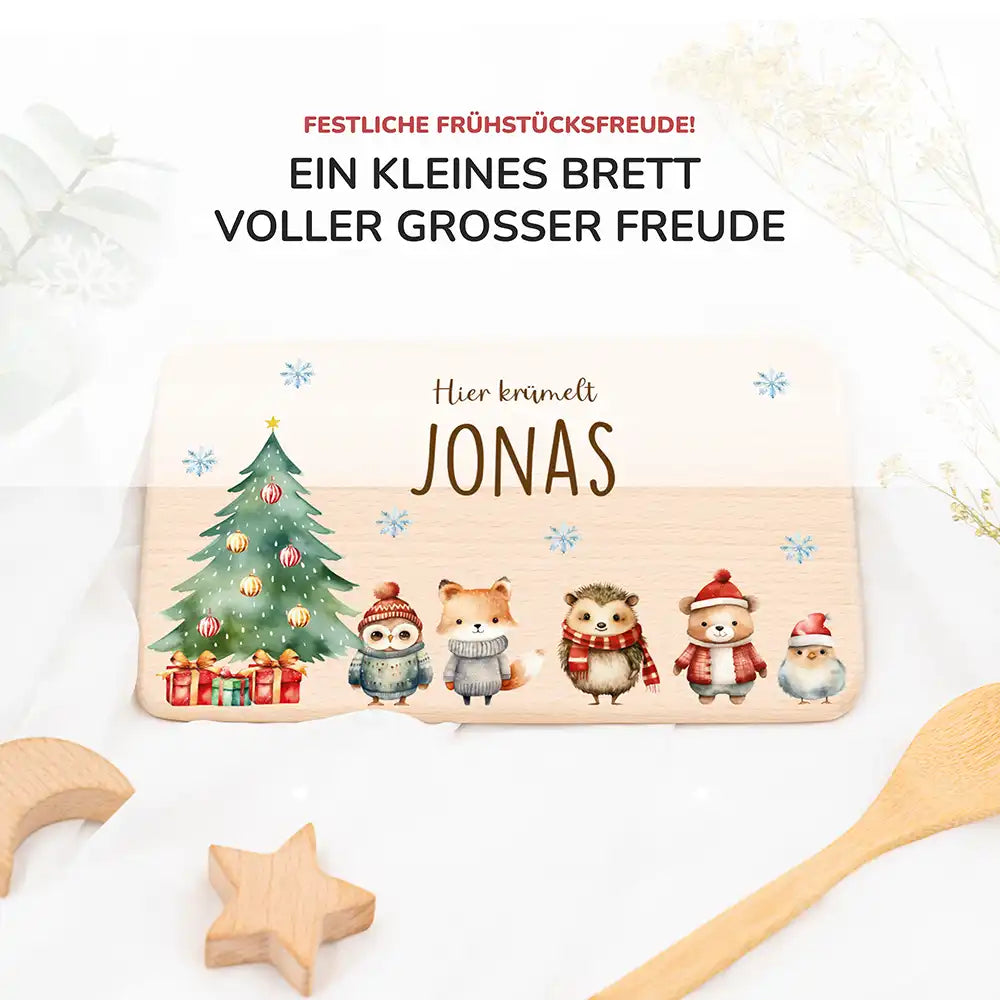 Weihnachts-Set Frühstücksbrettchen und  Emaille Tasse - Fuchs & Häschen-Freunde