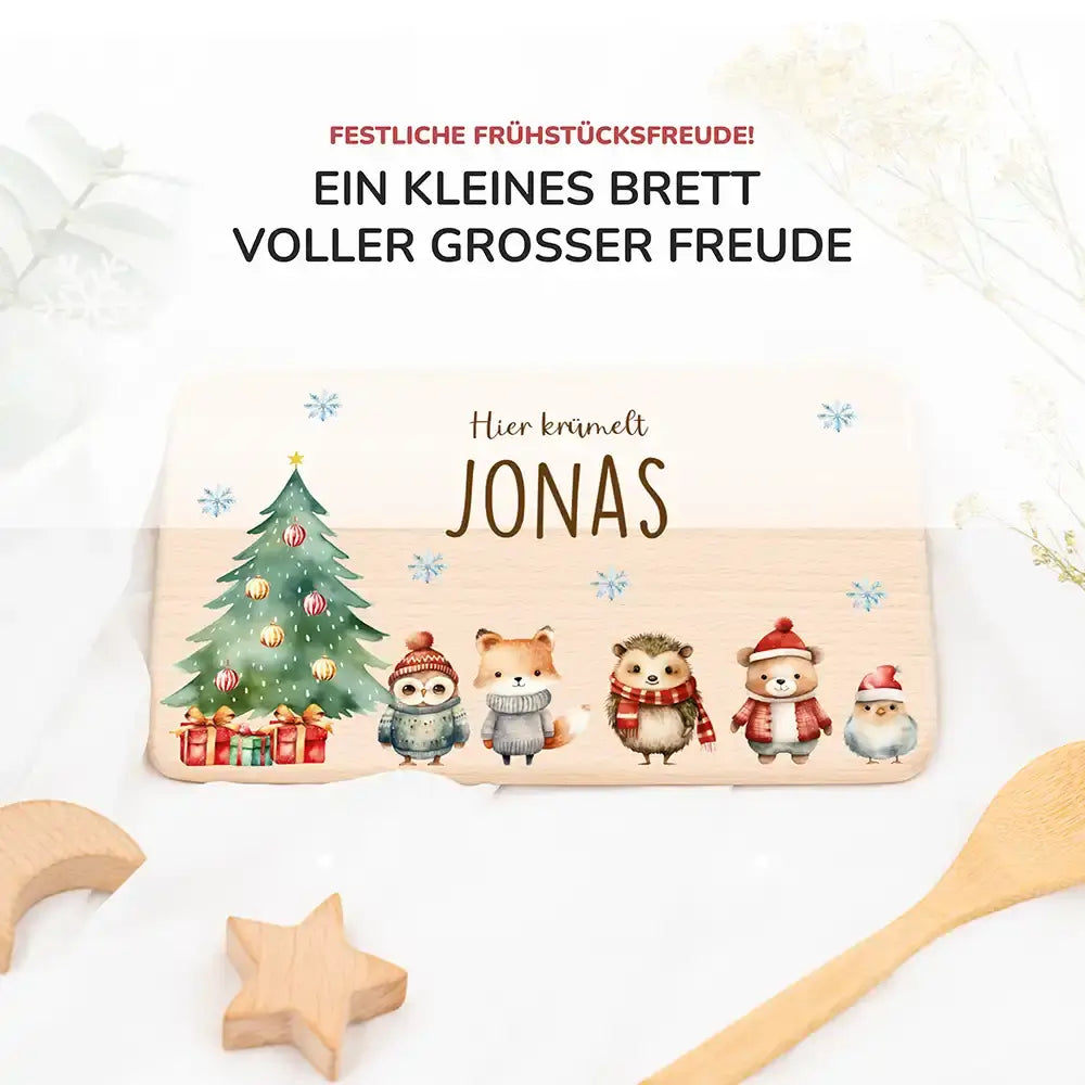 Weihnachts-Set Frühstücksbrettchen und Emaille Tasse - Fuchs & Häschen-Freunde