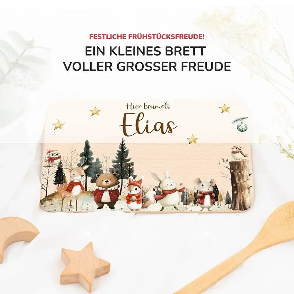 Weihnachts-Set Frühstücksbrettchen + Emaille Tasse - Waldtiere im Wintertraum
