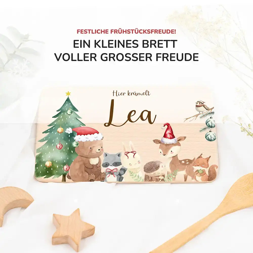 Weihnachts-Set Frühstücksbrettchen + Emaille Tasse - niedliche Waldtiere