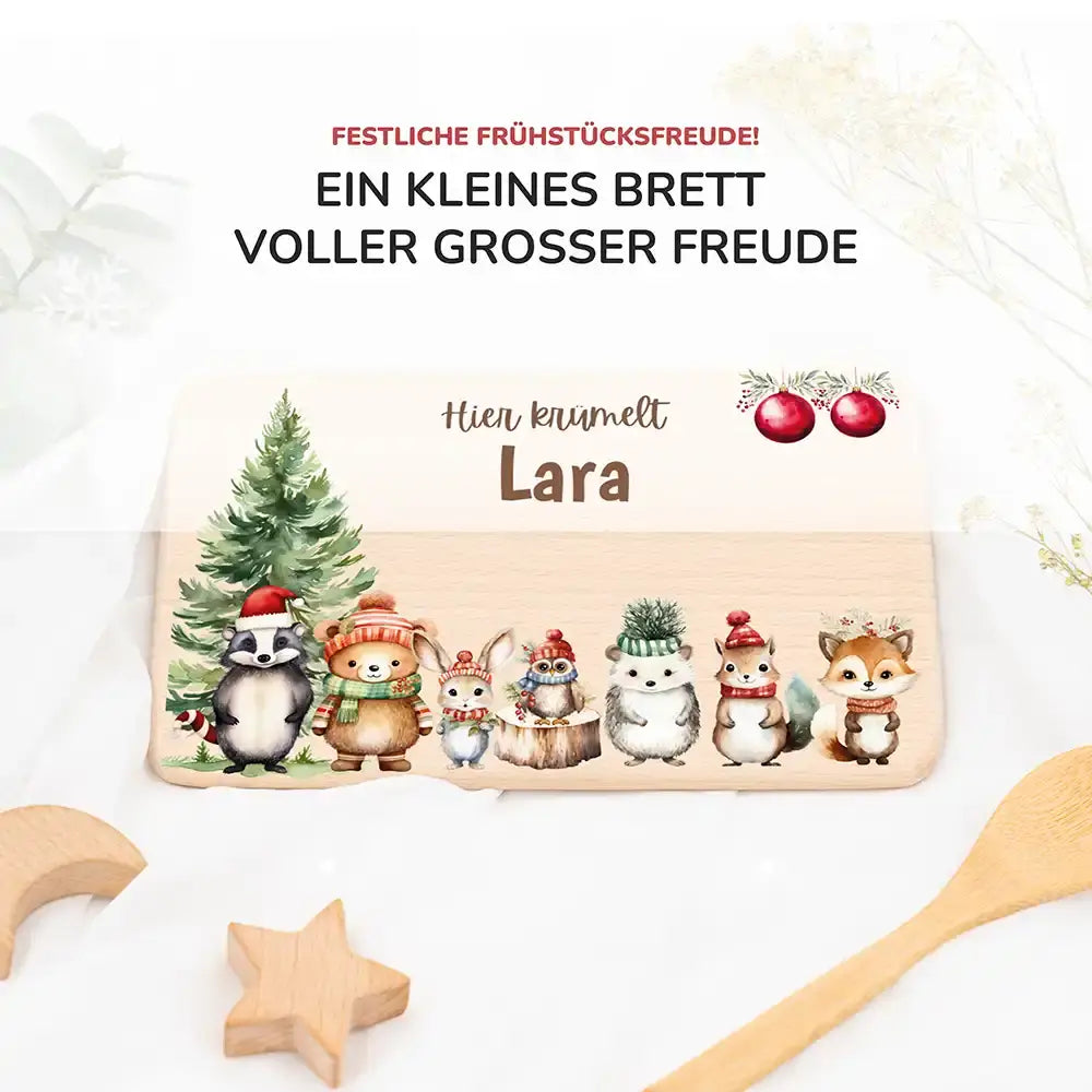 Weihnachts-Set Frühstücksbrettchen und  Emaille Tasse - Niedliche Waldfreunde