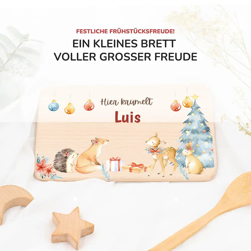 Weihnachts-Set Frühstücksbrettchen und  Emaille Tasse - Fuchs im Wald