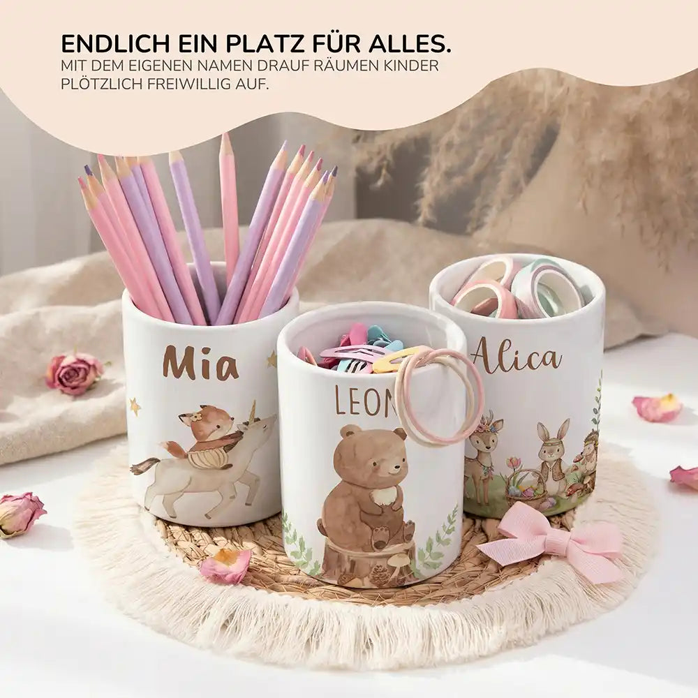 Personalisierter Stiftehalter BĂ€r Wald - personalisiertes Geschenk mit Wunschnamen