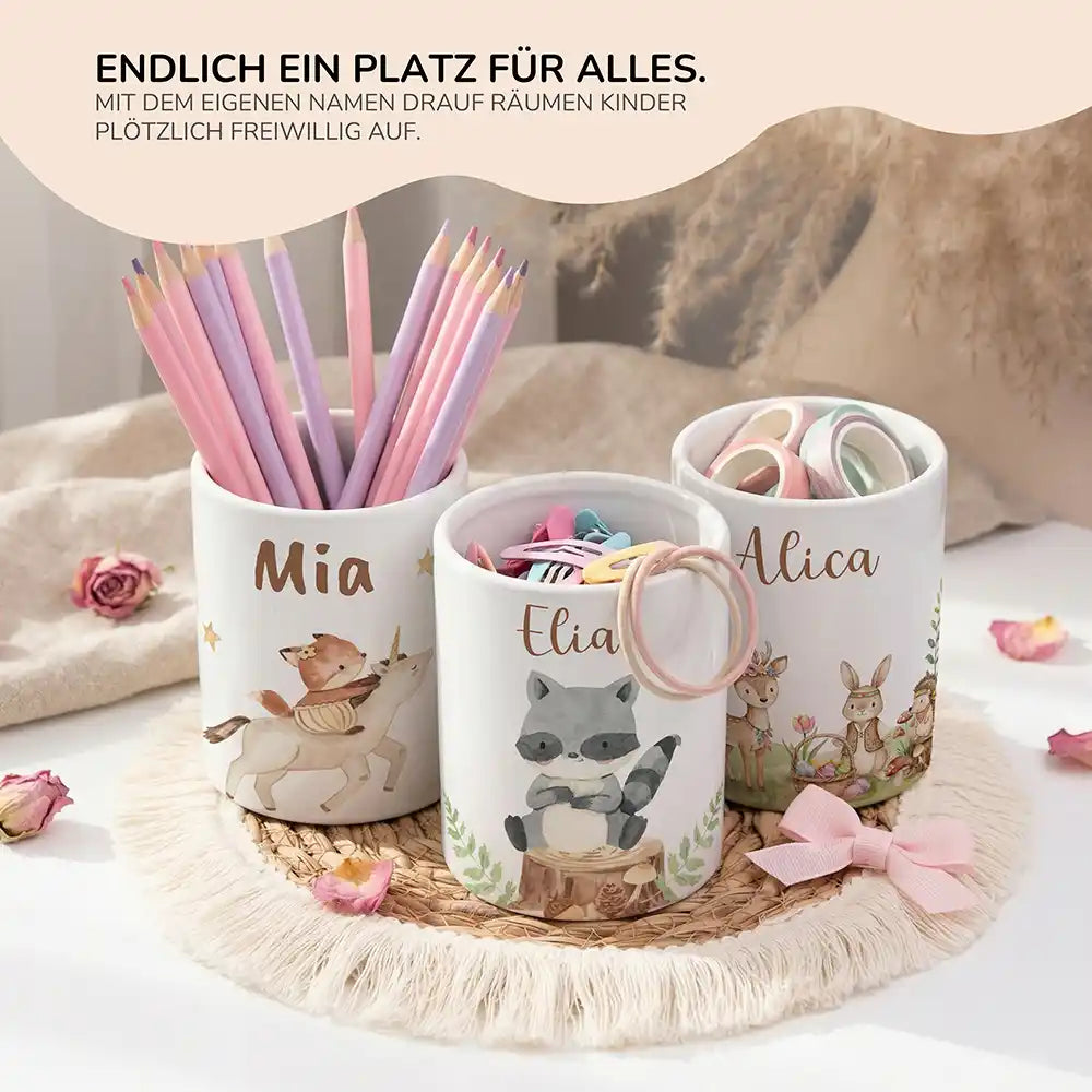 Personalisierter Stiftehalter WaschbÀr Wald - personalisiertes Geschenk mit Wunschnamen