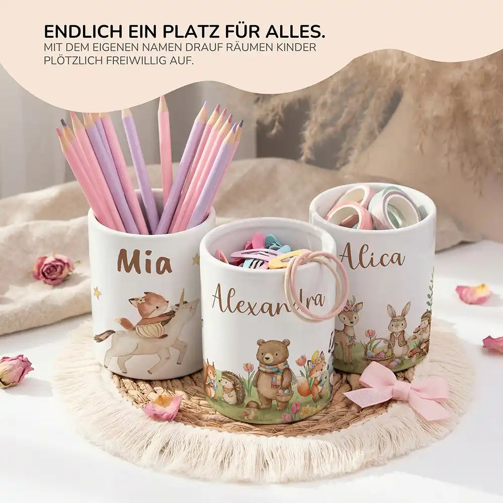 Personalisierter Stiftehalter Herbst-Waldtiere - personalisiertes Geschenk mit Wunschnamen