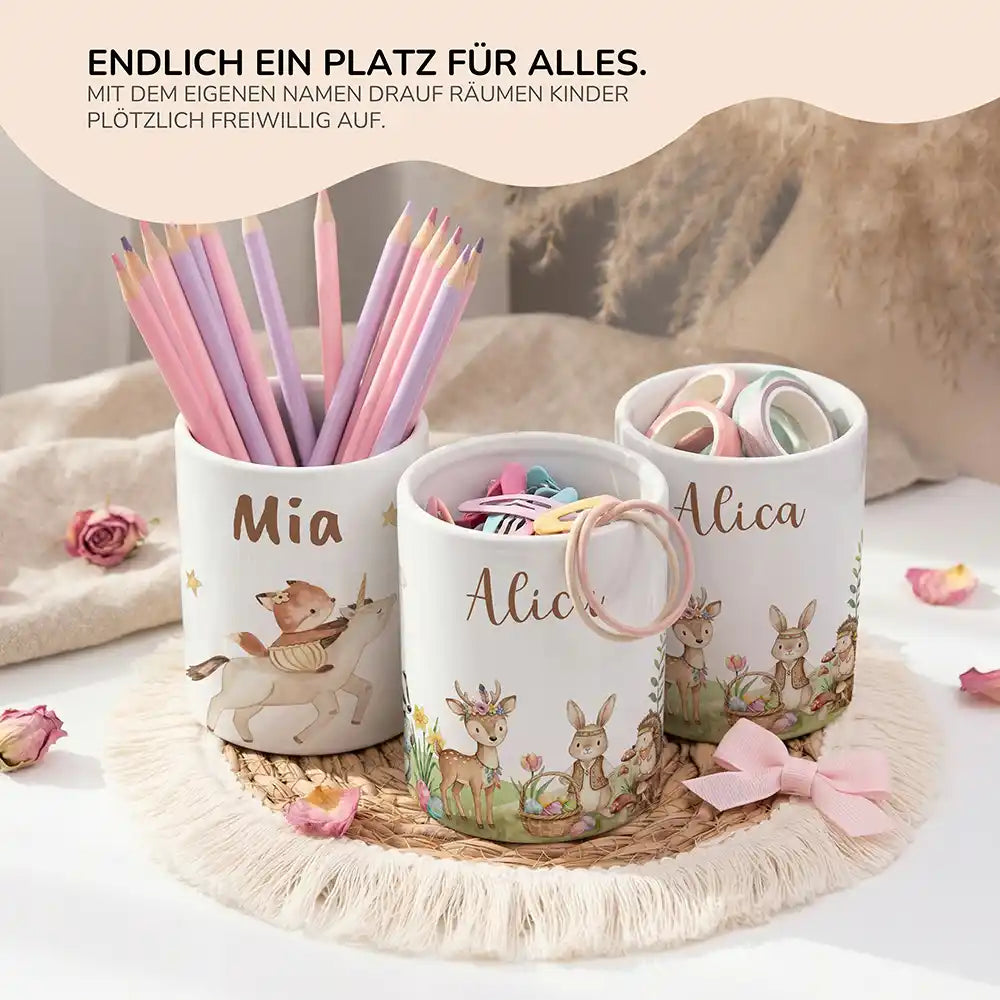 Personalisierter Stiftehalter Ostern Waldtiere-Treff - personalisiertes Geschenk mit Wunschnamen