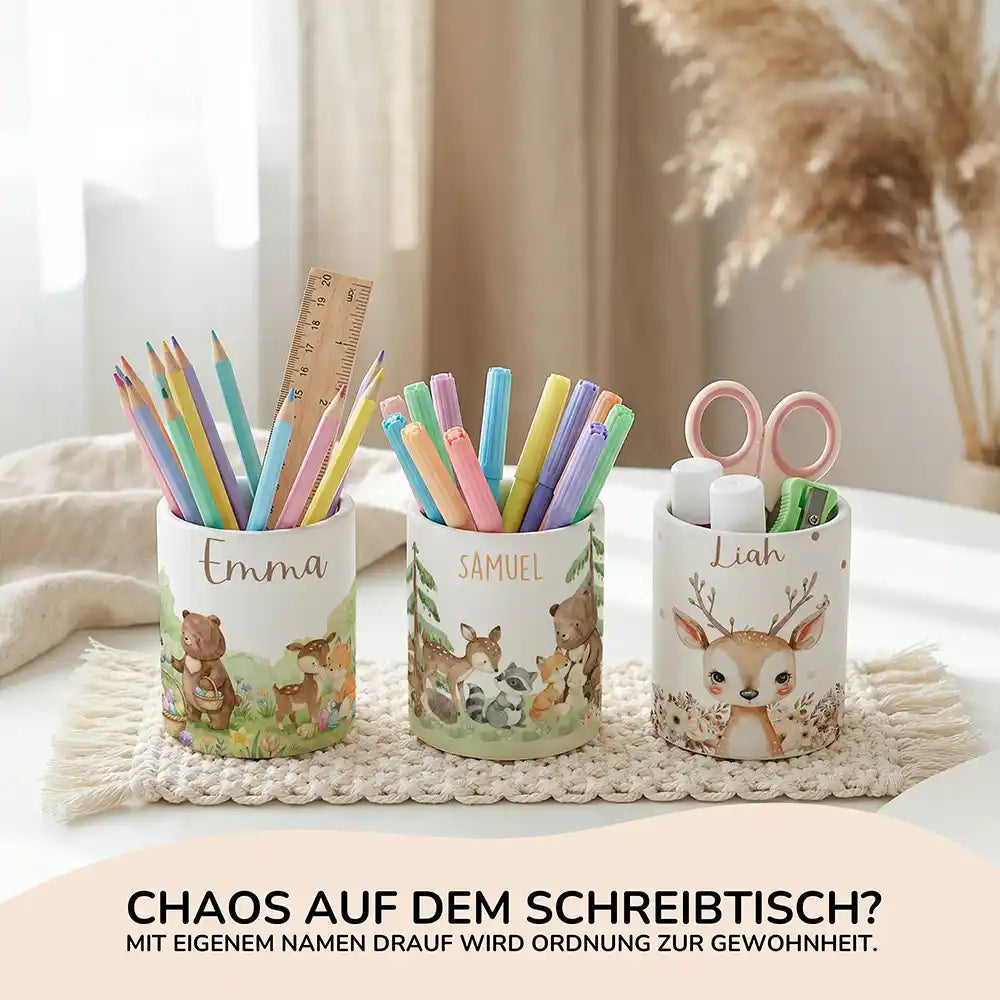 Personalisierte Spardose Waldfreunde III – Keramik & Bambus mit Wunschname
