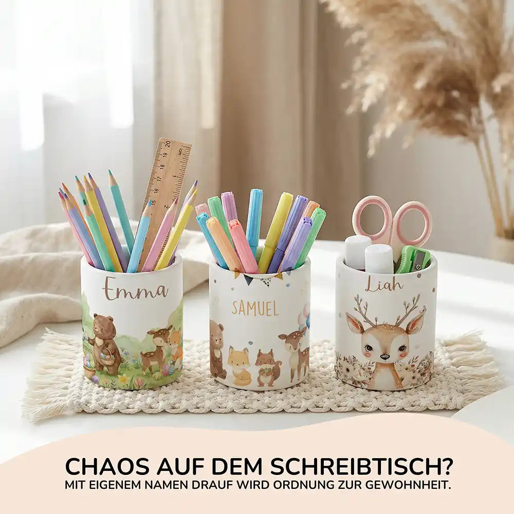 Personalisierte Spardose Waldtiere Party – Keramik & Bambus mit Wunschname