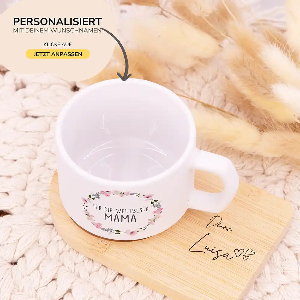 Personalisierte Tasse Muttertag Blumenkranz Weltbeste Mama – Motiv Detail Keramik