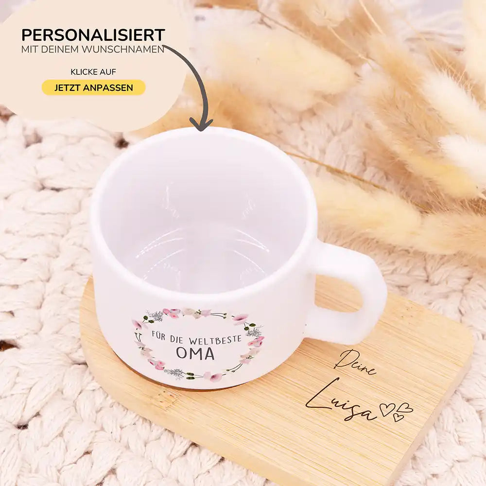 Personalisierte Tasse Muttertag Blumenkranz Weltbeste Oma – Motiv Detail Keramik