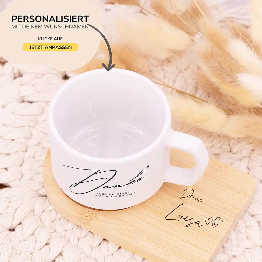 Personalisierte Tasse Muttertag Danke – immer für mich da – Motiv Detail Keramik