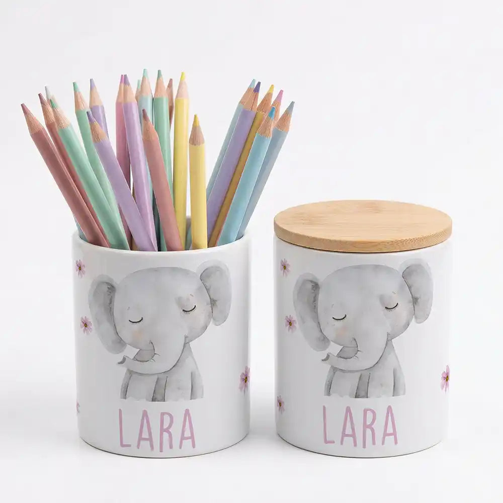 Personalisierte Keksdose Elefant Blumen - Geschenk zur Taufe, Geburt, Einschulung