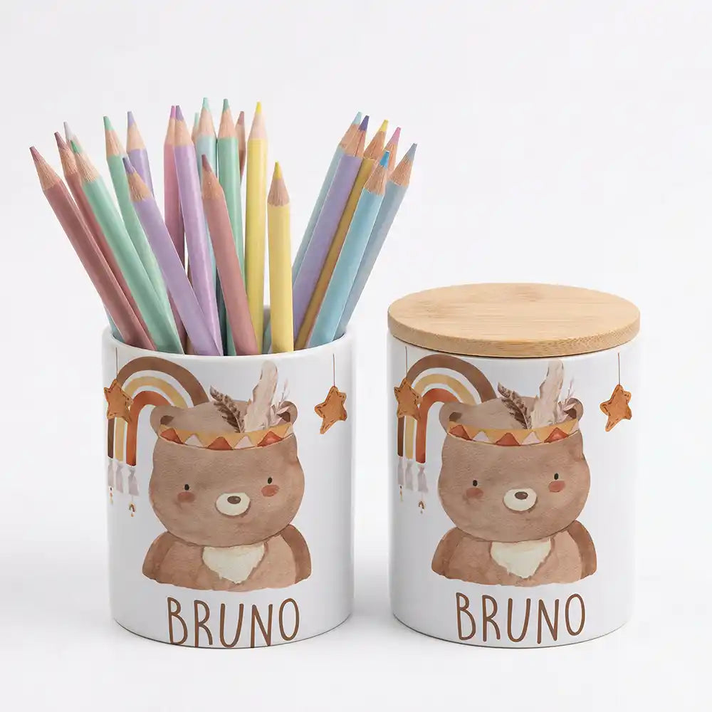 Personalisierte Keksdose Boho-BĂ€r - Geschenk zur Taufe, Geburt, Einschulung