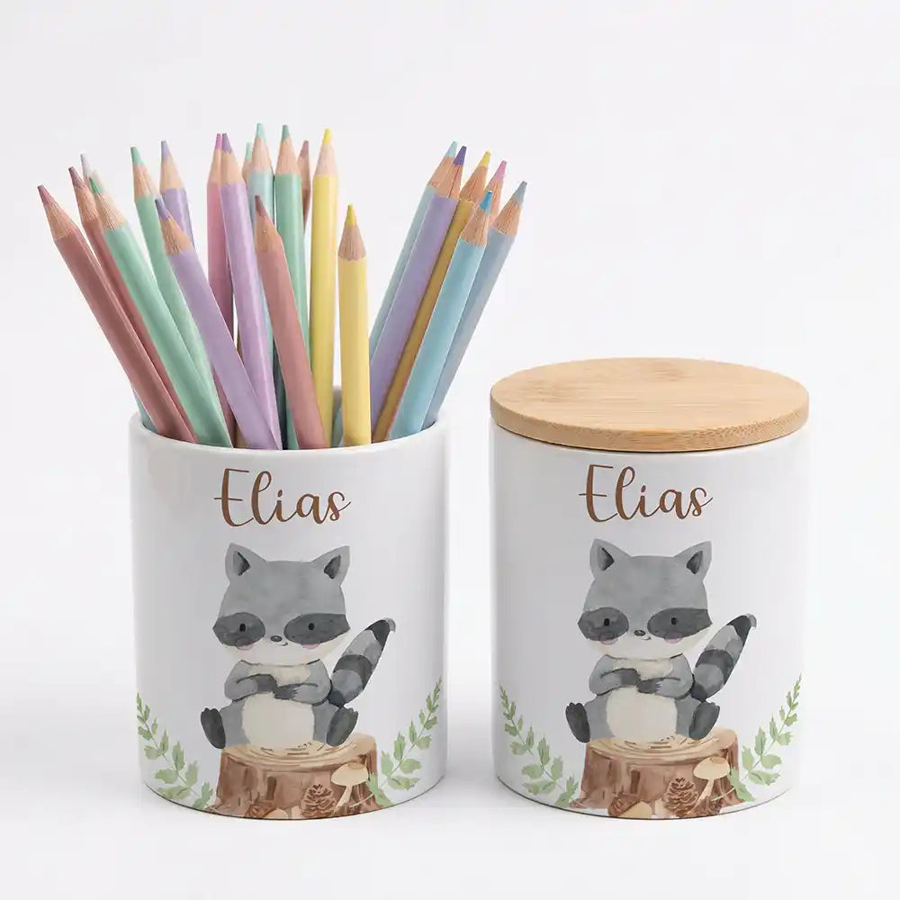 Personalisierte Keksdose WaschbÀr Wald - Geschenk zur Taufe, Geburt, Einschulung