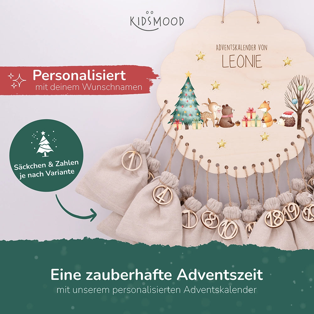 Personalisierter runder Adventskalender Kinder aus Holz - Tiere im Schneegestöber