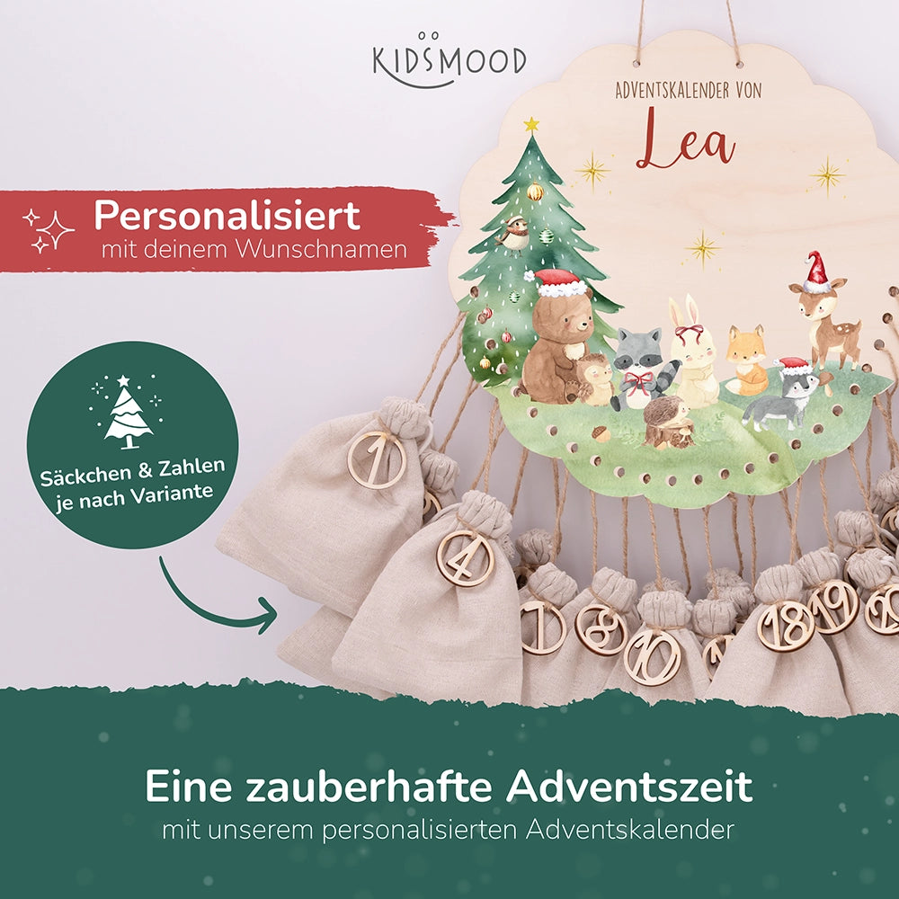 Personalisierter runder Adventskalender Kinder aus Holz - Niedliche Waldfreunde