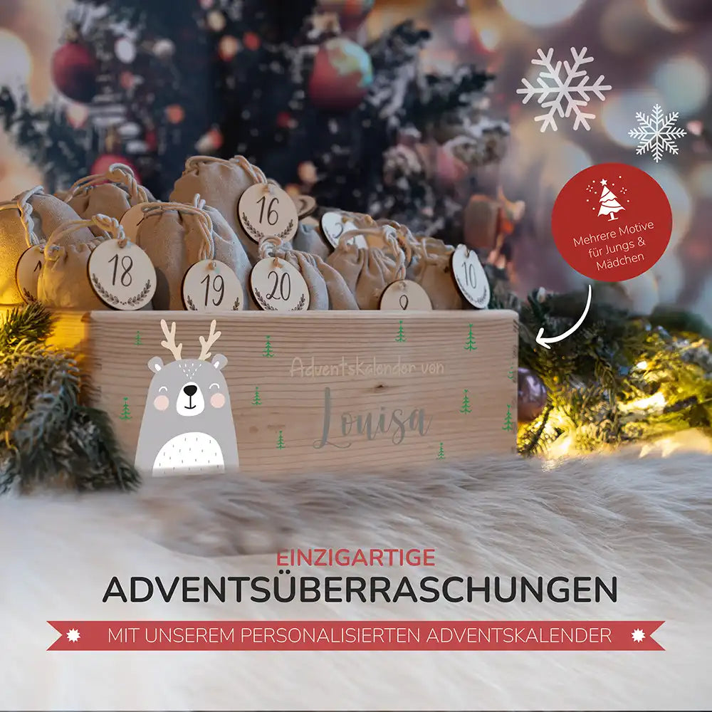 Personalisierte Adventskiste zum Befüllen - Rentier Boho
