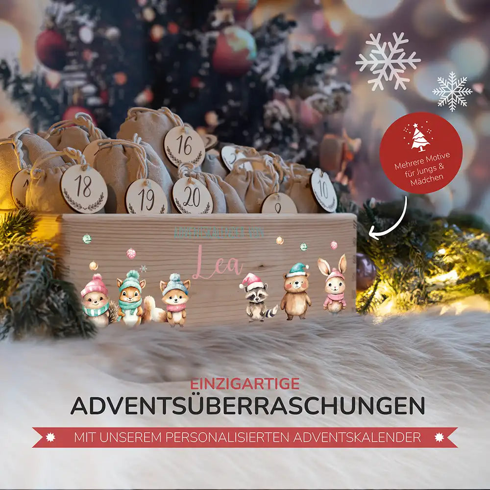 Personalisierte Adventskiste zum Befüllen - niedliche Tiere Weihnachten