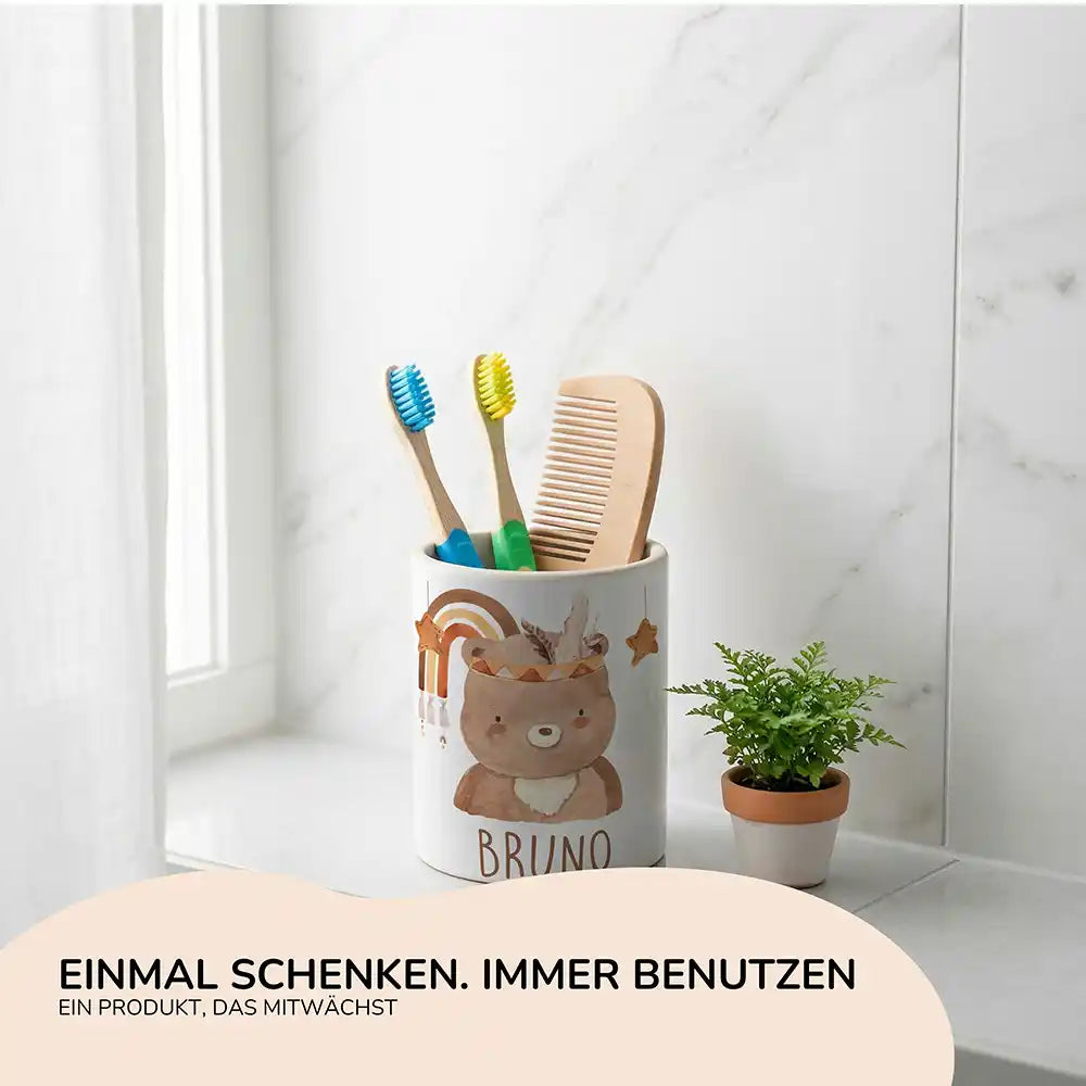 Personalisierter Stiftehalter Boho-BĂ€r - Geschenk zur Einschulung mit Namen