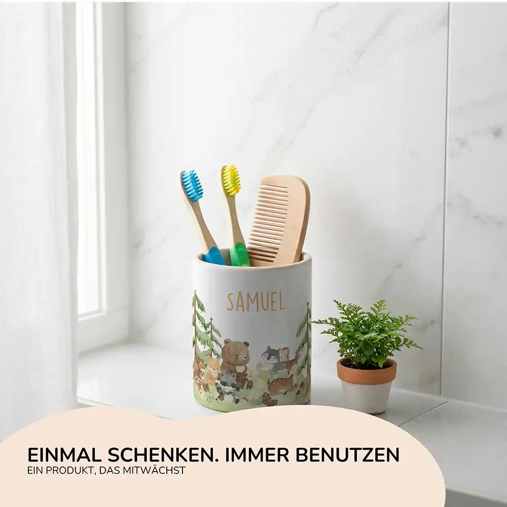 Personalisierter Stiftehalter Waldfreunde II - Geschenk zur Einschulung mit Namen