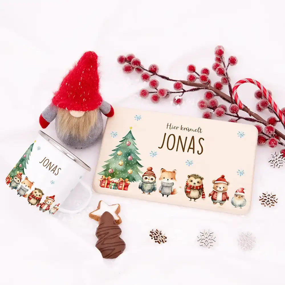 Weihnachts-Set Frühstücksbrettchen und  Emaille Tasse - Fuchs & Häschen-Freunde