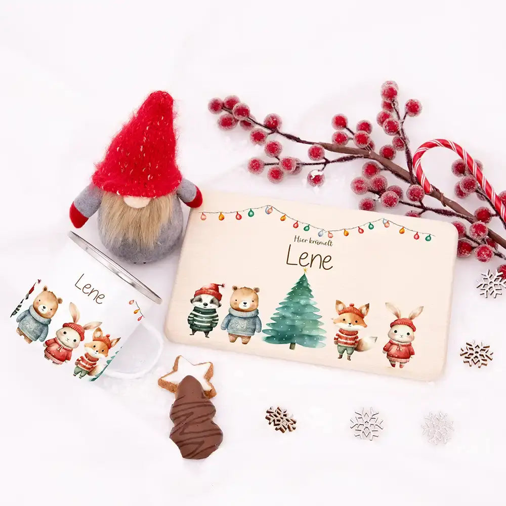 Weihnachts-Set Frühstücksbrettchen + Emaille Tasse - Winterfamilie