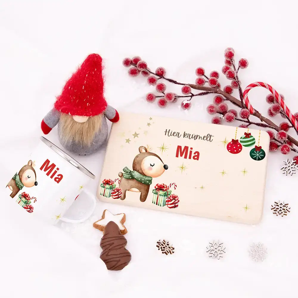 Weihnachts-Set Frühstücksbrettchen + Emaille Tasse - Baby Reh Motiv