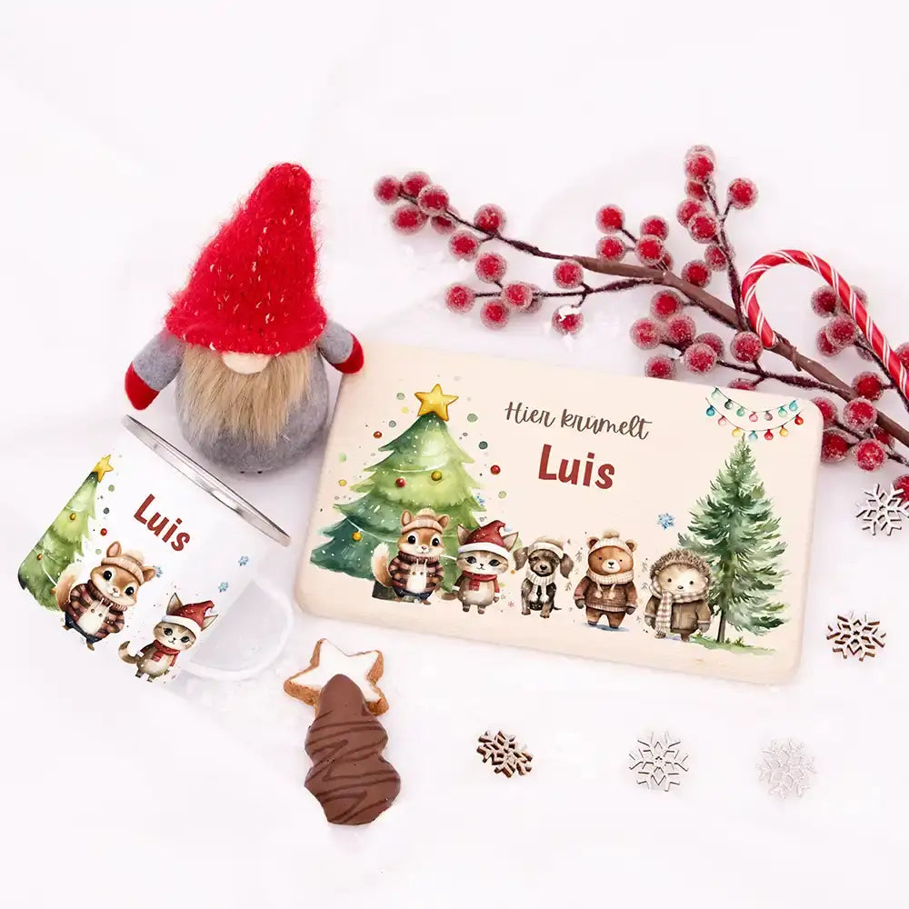 Weihnachts-Set Frühstücksbrettchen und  Emaille Tasse - Schneeflocken-Bande