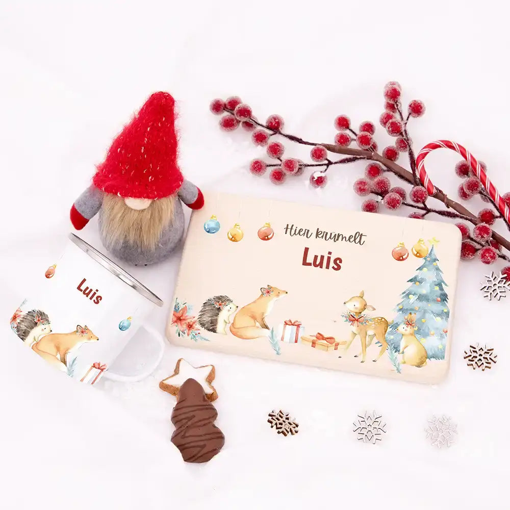 Weihnachts-Set Frühstücksbrettchen und  Emaille Tasse - Fuchs im Wald