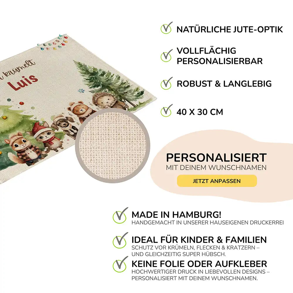 Tischset Kinder personalisiert Weihnachtsmotiv - Freundliche Waldbewohner