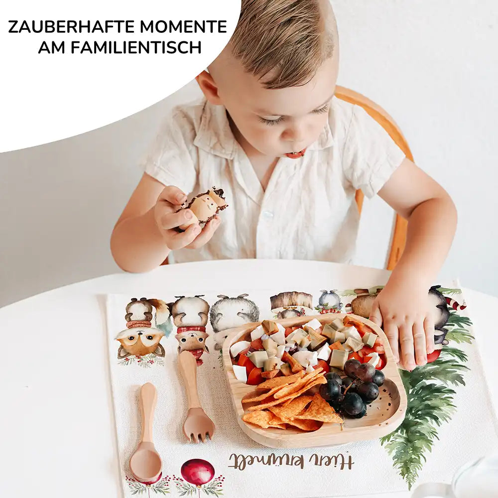 Tischset Kinder personalisiert Weihnachtsmotiv - Glückliche Tiergesellschaft