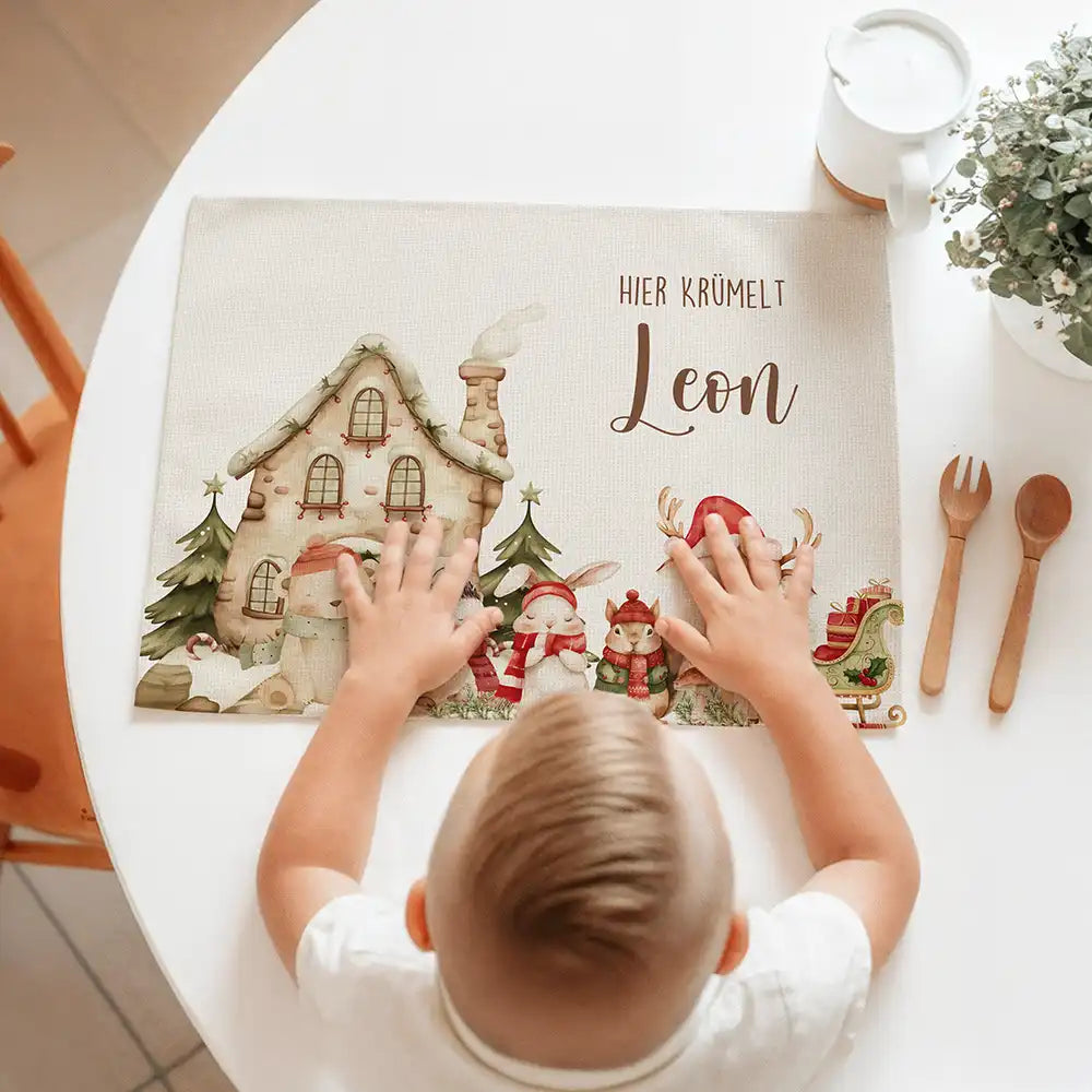 Tischset Kinder personalisiert Weihnachtsmotiv - Nordpol-Tierparade