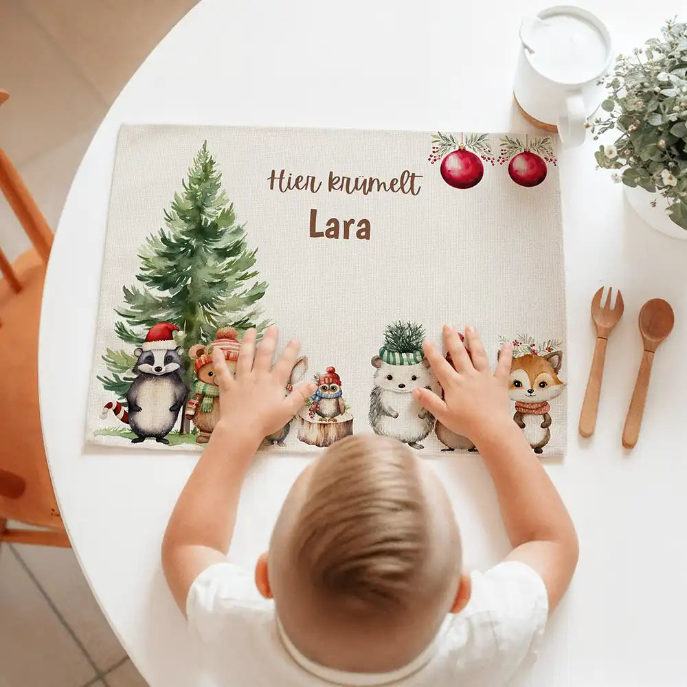 Tischset Kinder personalisiert Weihnachtsmotiv - Glückliche Tiergesellschaft