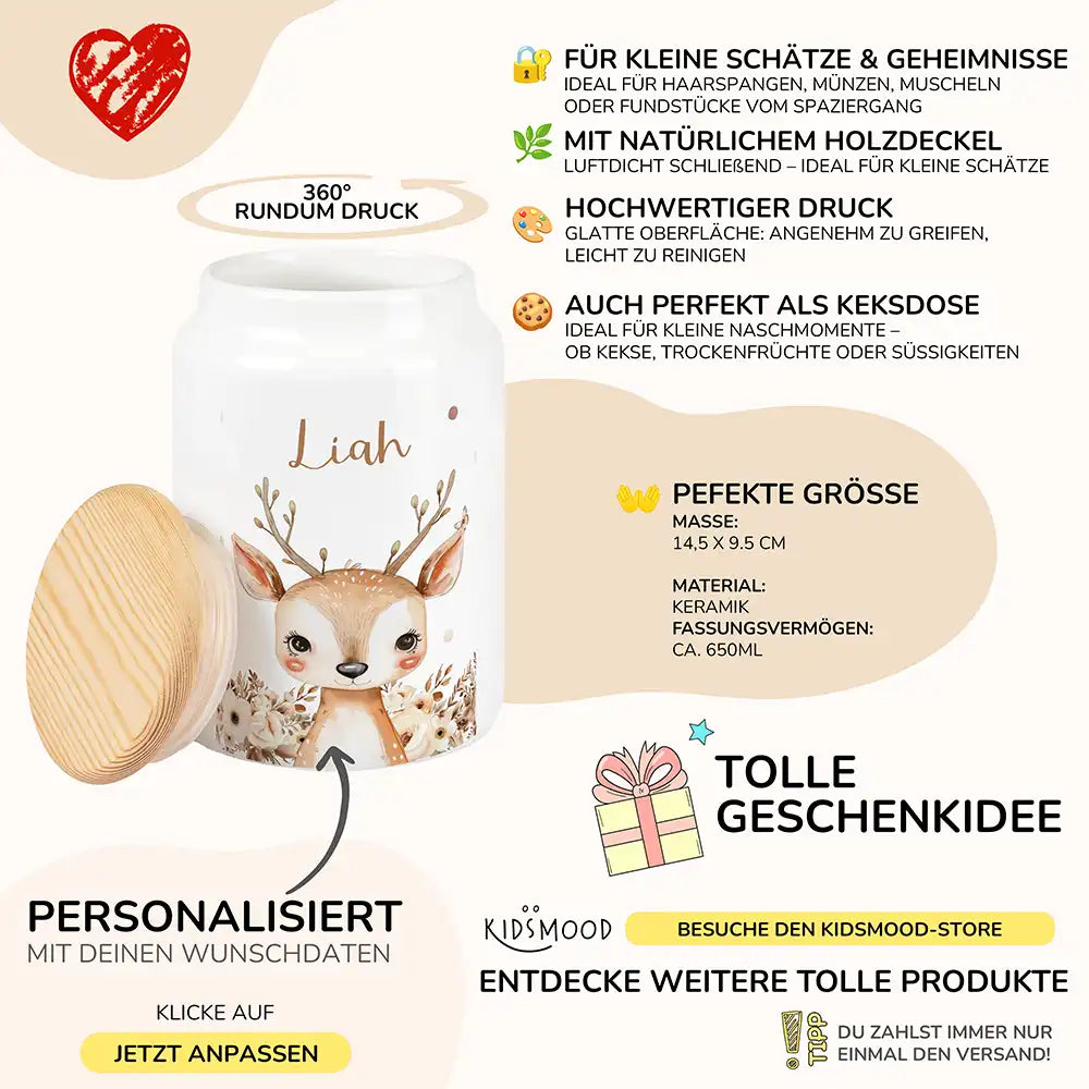 Personalisierbare Keksdose mit Name - Baby Reh