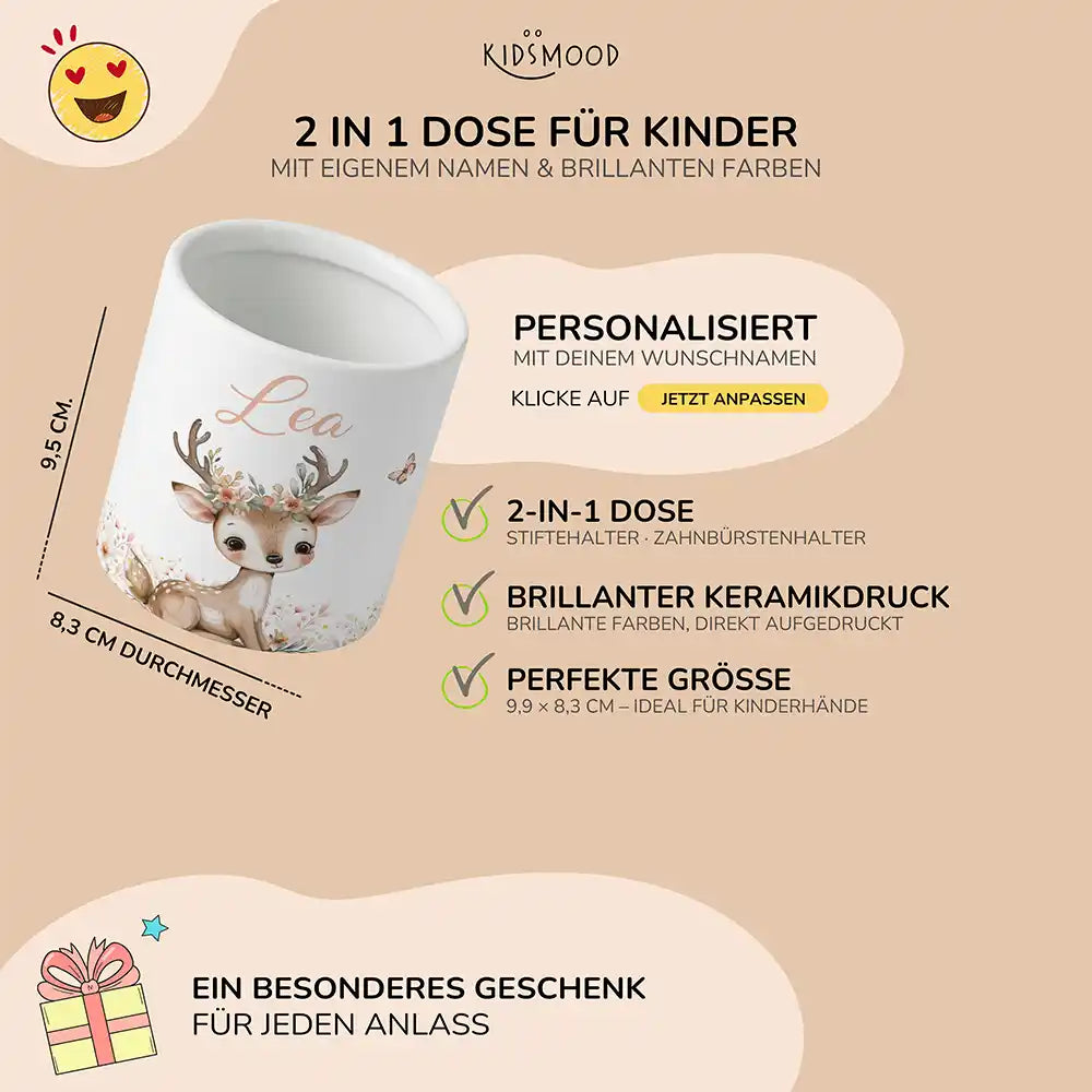 Personalisierter Stiftehalter Reh Blumenkranz - liebevolle Geschenkidee fĂŒrs Kinderzimmer
