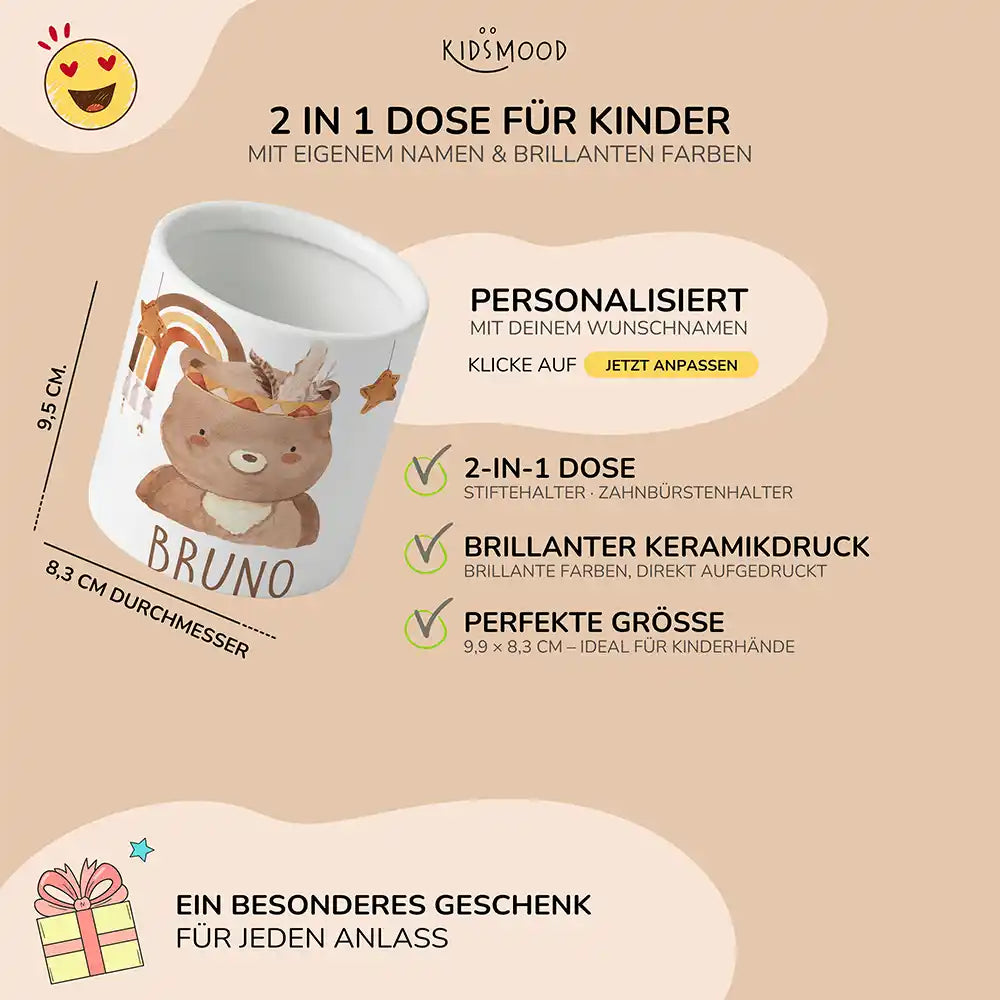 Personalisierter Stiftehalter Boho-BĂ€r - liebevolle Geschenkidee fĂŒrs Kinderzimmer