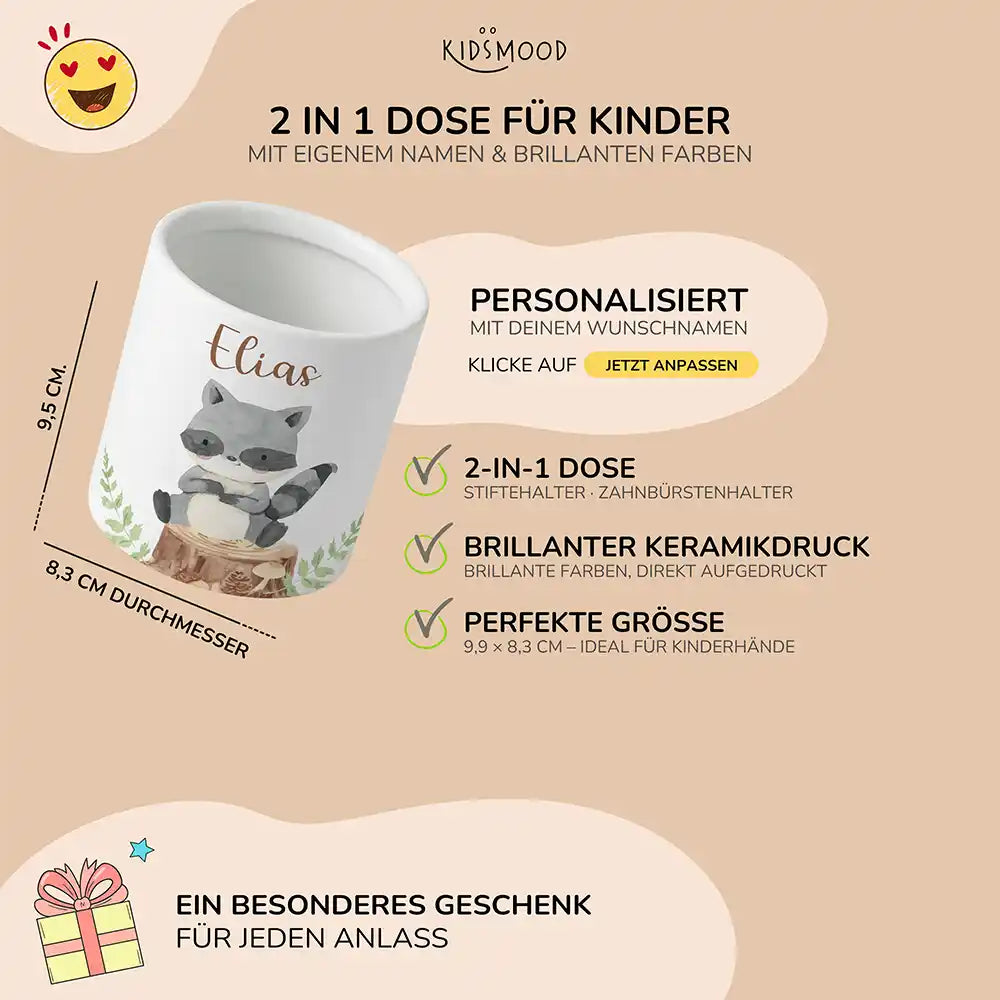 Personalisierter Stiftehalter WaschbĂ€r Wald - liebevolle Geschenkidee fĂŒrs Kinderzimmer