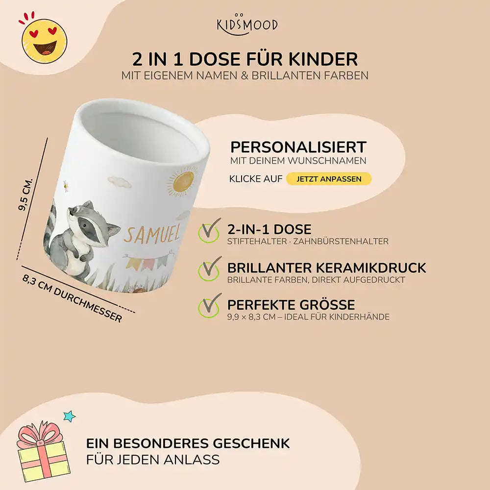 Personalisierter Stiftehalter WaschbĂ€r Sommer - liebevolle Geschenkidee fĂŒrs Kinderzimmer