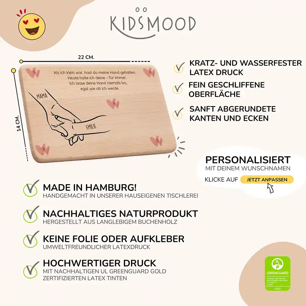 Personalisiertes Frühstücksbrettchen Muttertag Hand in Hand Boho – Produktdetails 22×14 cm Buchenholz