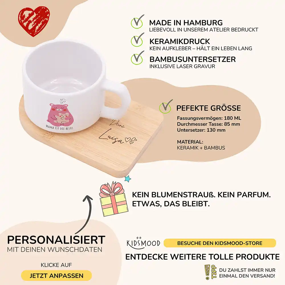 Tasse mit Name Muttertag BĂ€r Mama & Kind â Produktdetails Keramikbecher 180 ml