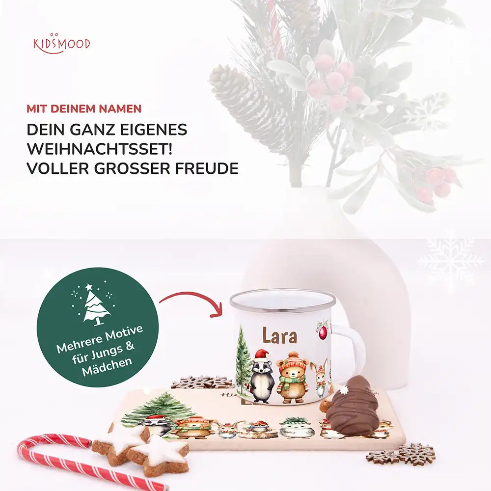 Weihnachts-Set Frühstücksbrettchen und  Emaille Tasse - Niedliche Waldfreunde