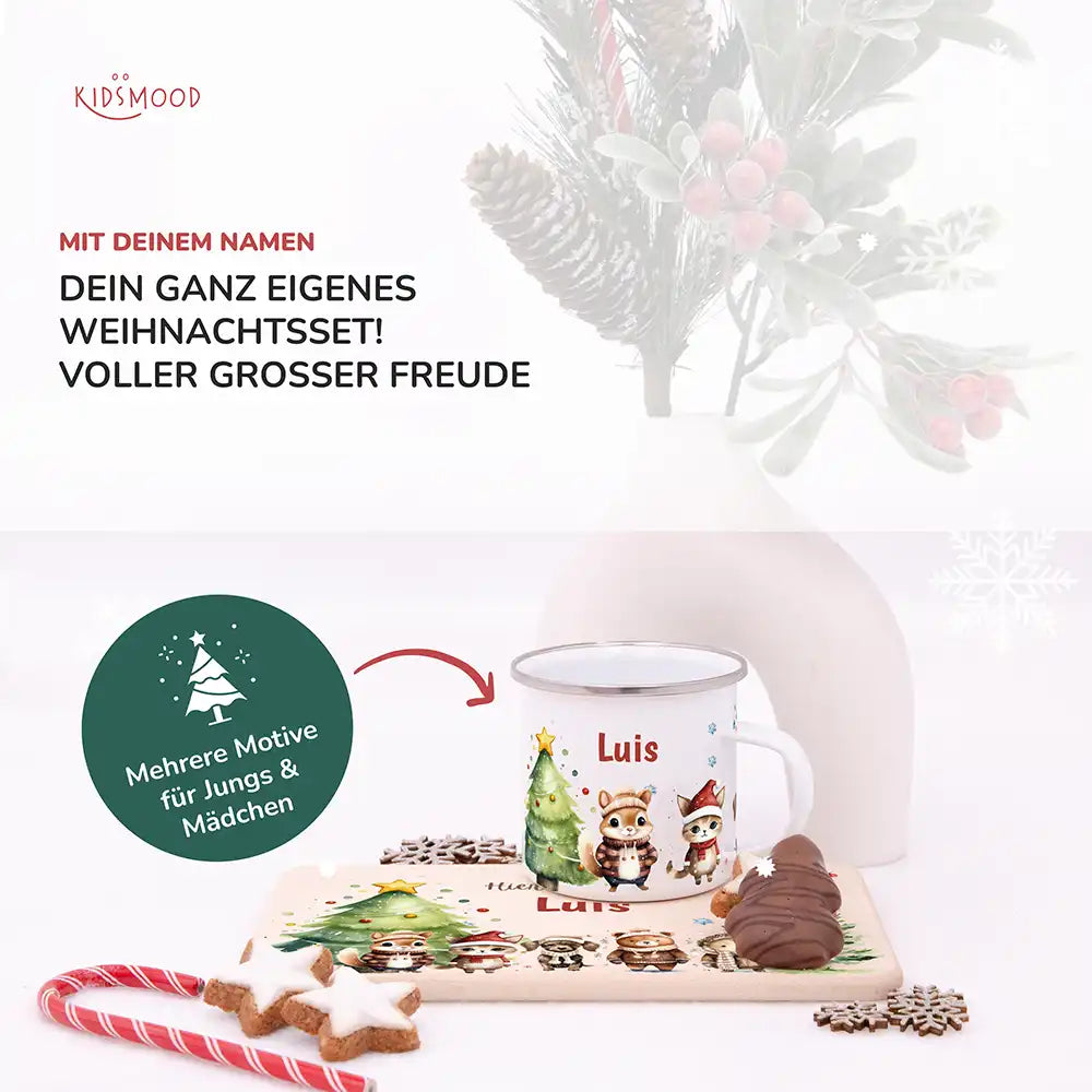 Weihnachts-Set Frühstücksbrettchen und  Emaille Tasse - Schneeflocken-Bande