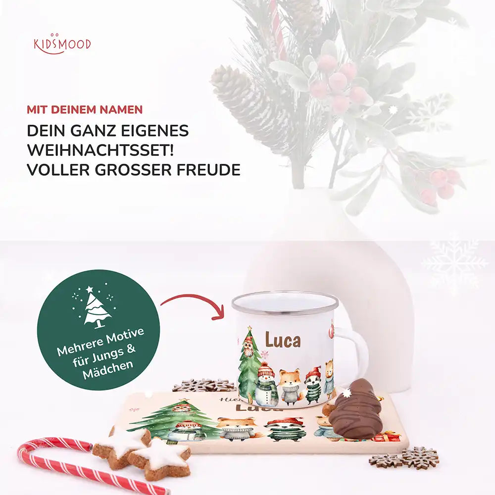 Weihnachts-Set Frühstücksbrettchen und  Emaille Tasse - Kuscheltier-Abenteuer